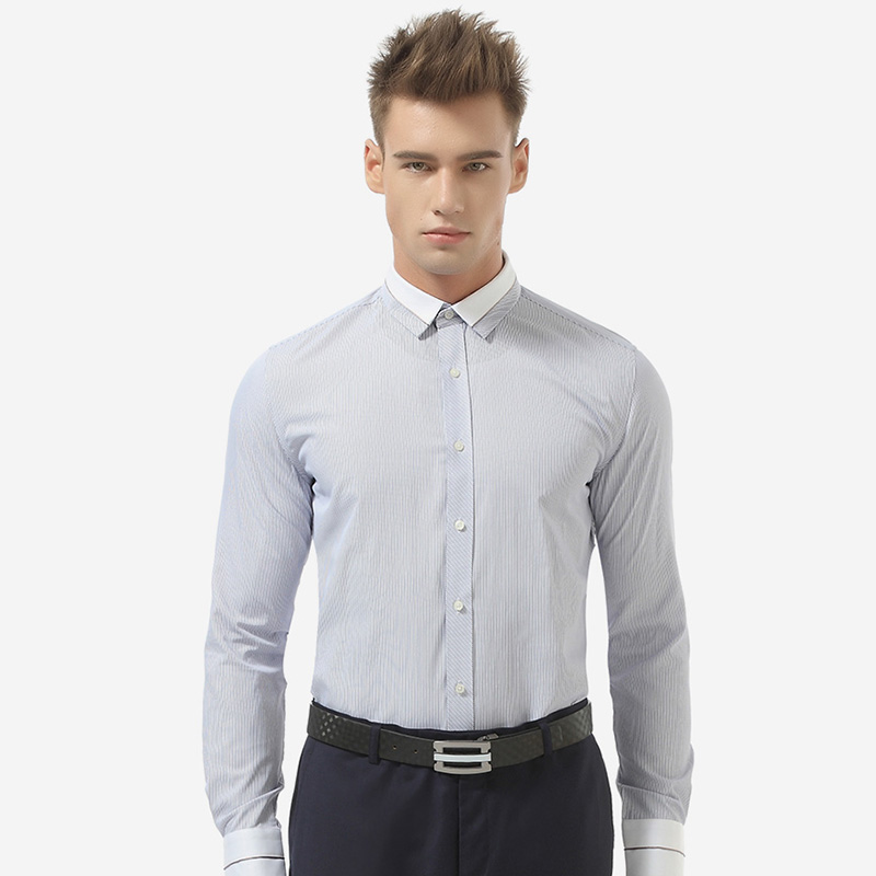 时尚新款蓝色男商务休闲修身长袖衬衫